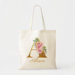 Tote Bag Monogramme floral personnalisé Nom initial botaniq