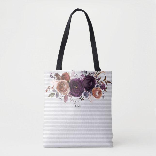 Tote Bag Monogramme floral purple et bourgogne rayé (Devant)