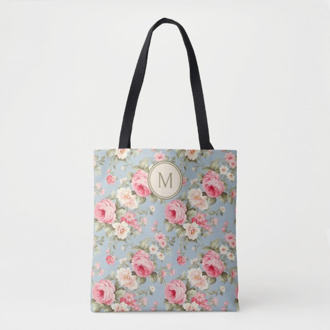 Tote Bag Monogramme floral rose chic Shabby (Devant)