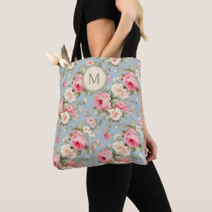 Tote Bag Monogramme Floral Rose Shabby Chic
