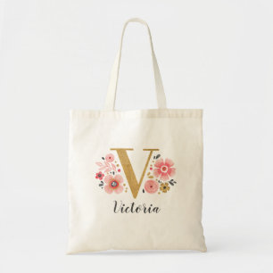 Tote Bag Monogramme floral rose V lettre dorée