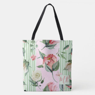 Tote Bag Monogramme Floral rose vert rayure Pastel