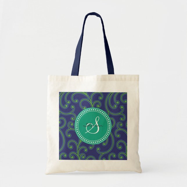Tote Bag Monogramme floral vert-bleu girly élégant de motif (Devant)
