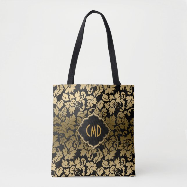 Tote Bag Monogramme Gold Damask sur un Arrière - plan noir (Devant)