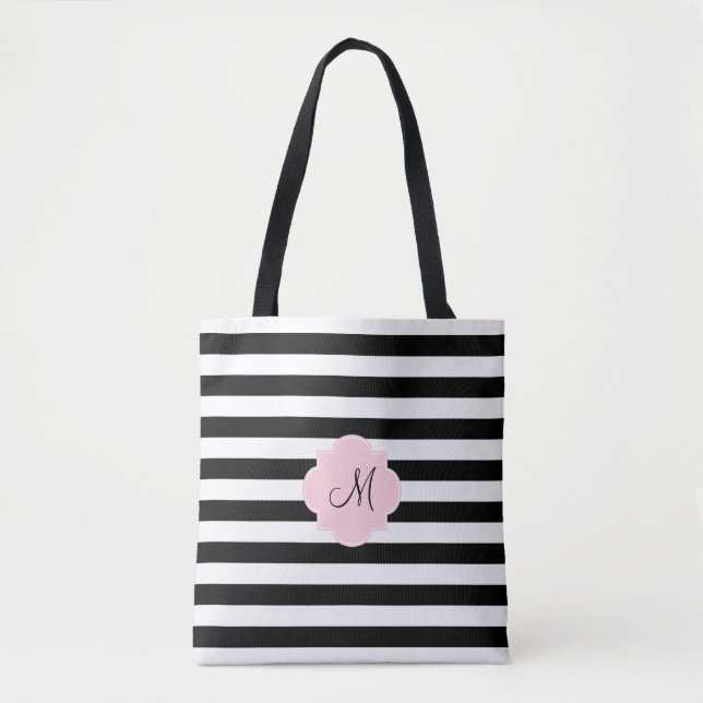 Tote Bag Monogramme Grandes noires et blanches avec rose pa (Devant)