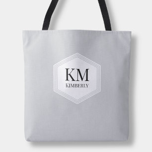 Tote Bag Monogramme Gris Élégant Moderne Simple Nom Personn