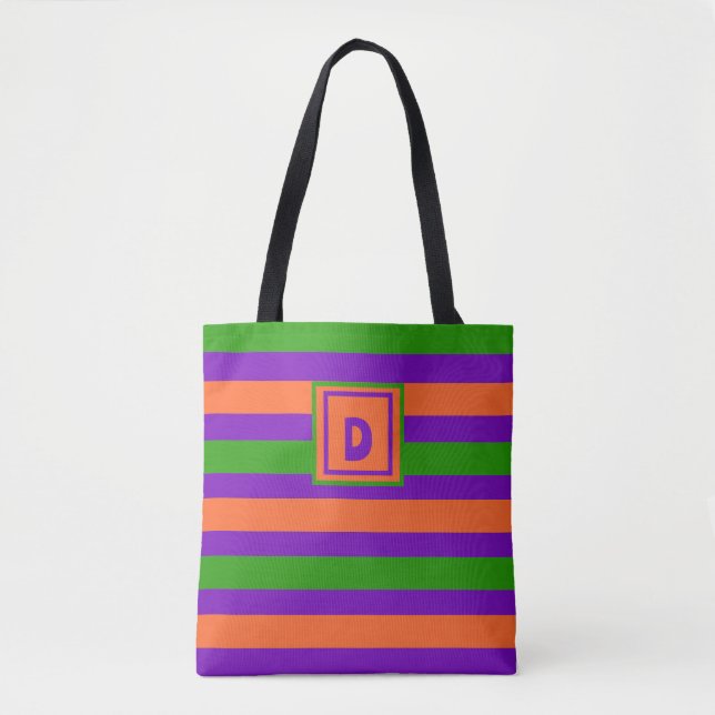 Tote Bag Monogramme Halloween violet orange et vert (Devant)