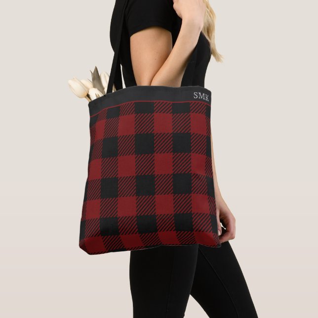 Tote Bag Monogramme hivernal à bison rouge rustique (De près)