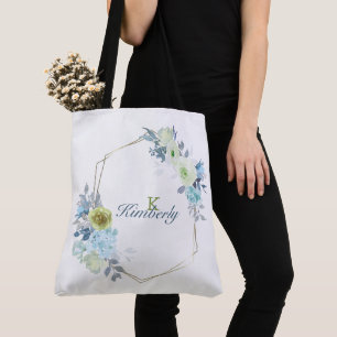 Tote Bag Monogramme Initial Floral Jaune Bleu Clair Vert