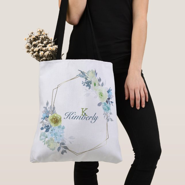 Tote Bag Monogramme Initial Floral Jaune Bleu Clair Vert (De près)