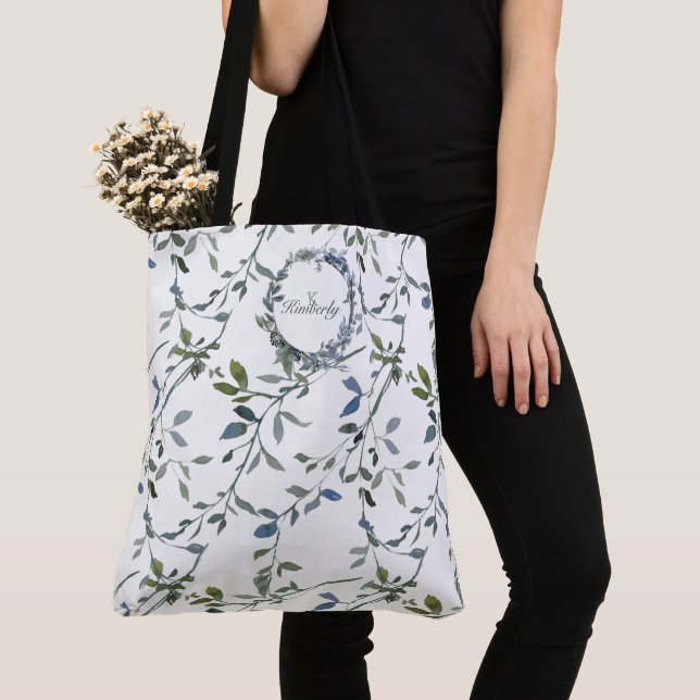 Tote Bag Monogramme Initial Floral Vert Argenté Sage (De près)