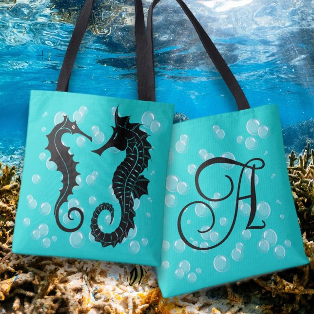 Tote Bag Monogramme Initial Hippocampes Noirs (Créateur téléchargé)