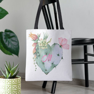 Tote Bag Monogramme Initial Joli Aquarelle Fleurs Vert