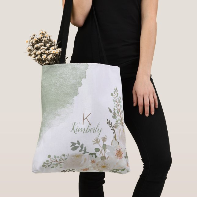 Tote Bag Monogramme Initial Nom Élégant Fleurs Blanches (De près)