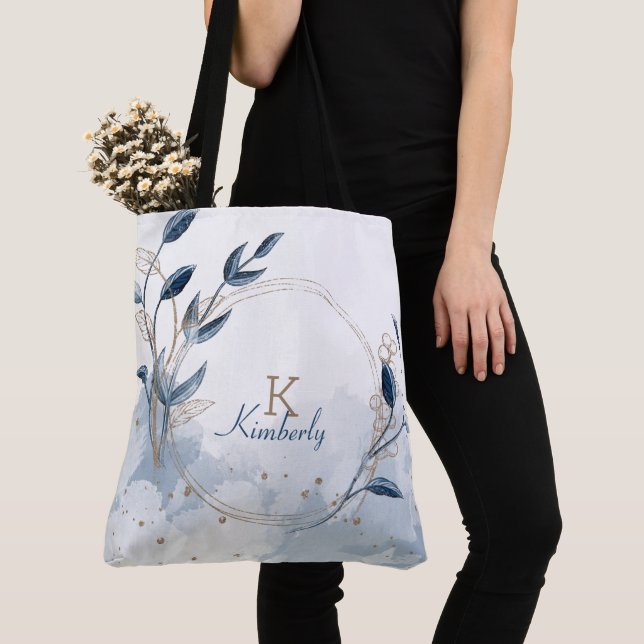 Tote Bag Monogramme Initial Nom Fleur Moderne Or Bleu (De près)