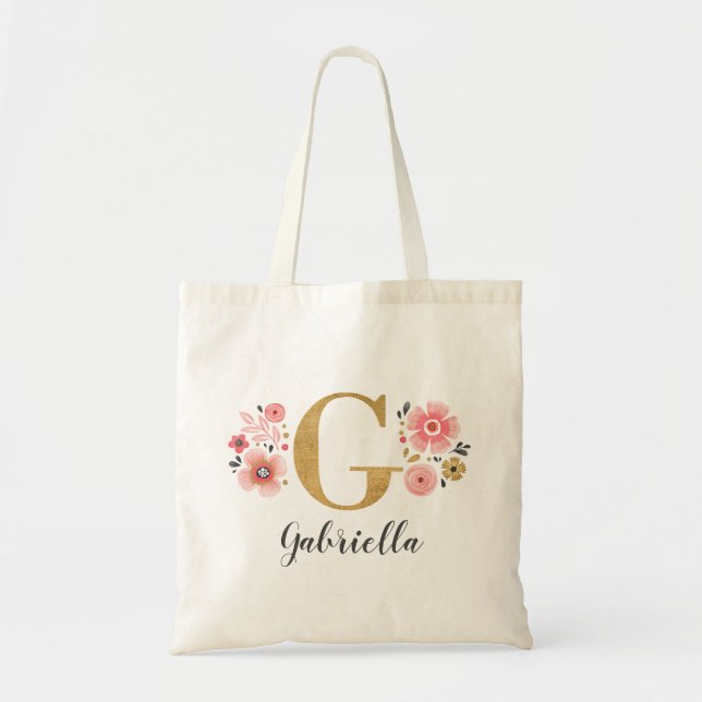 Tote Bag Monogramme Initial Nom Fleur Rose Tendance Or (Devant)