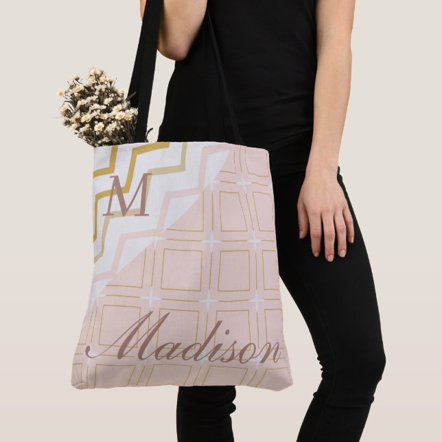 Tote Bag Monogramme initial tendance géométrique pêche (De près)