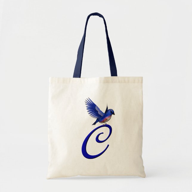 Tote Bag Monogramme Initiale C Élégant Oiseau Bleu (Devant)