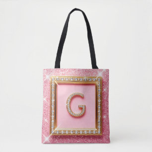 Tote Bag Monogramme Initiale G Cadre Or Paillettes Roses Di