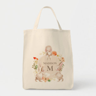 Tote Bag Monogramme Lapin lapins Floral Pâques Personnalisé