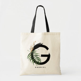 Tote Bag Monogramme Lettre G   Personnalisé Feuilles Tropic
