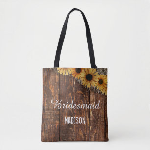 Tote Bag Monogramme Mariage de tournesol en bois rustique e