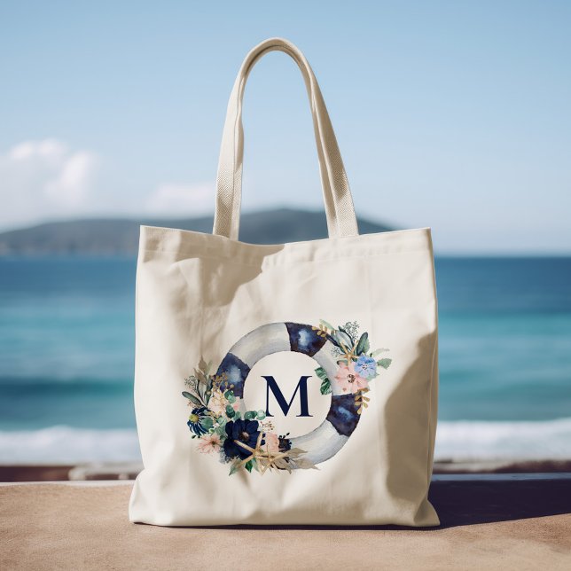 Tote Bag Monogramme marin bleu Floral Bridesmaid (Créateur téléchargé)