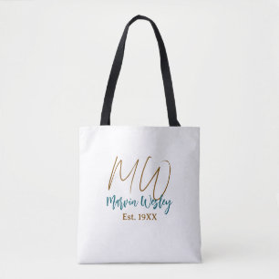 Tote Bag Monogramme marron bleu turquoise année simple mini