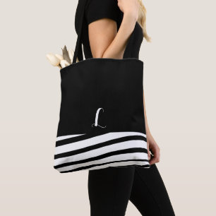 Tote Bag Monogramme minimaliste noir et blanc rayé Fourre-t