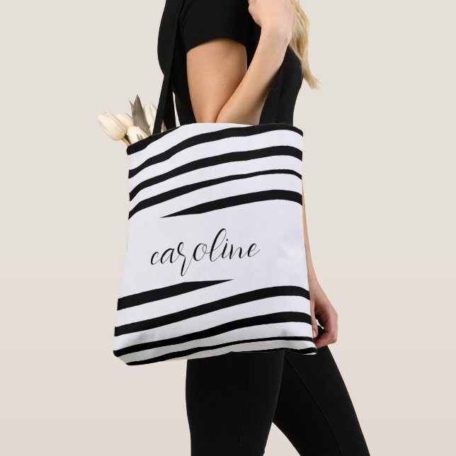 Tote Bag Monogramme minimaliste noir et blanc rayé Fourre-t (De près)