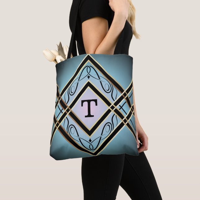 Tote Bag Monogramme moderne Art déco bleu élégant (De près)