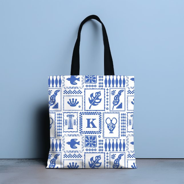 Tote Bag Monogramme Moderne Bleu Blanc Abstrait Motif (Créateur téléchargé)