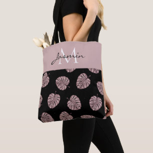 Tote Bag Monogramme Moderne de Feuille Tropicale Rose Pâle
