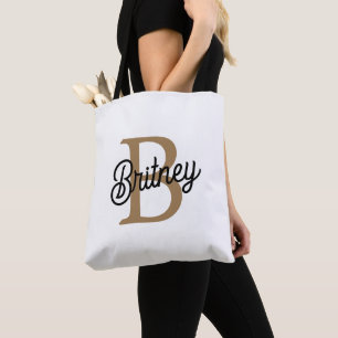 Tote Bag Monogramme moderne élégant Nom Black Gold Script
