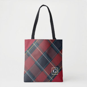 Tote Bag Monogramme moderne et classique rouge et bleu plai