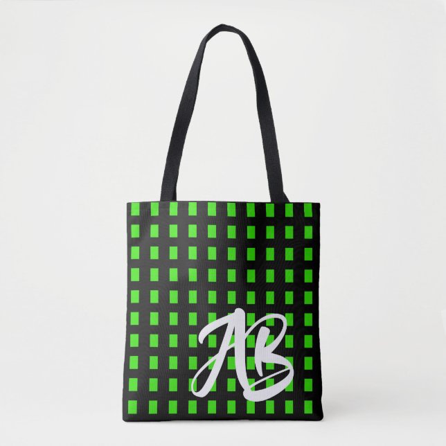 Tote Bag Monogramme Moderne Fun Noir et Vert (Devant)