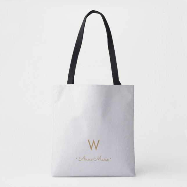 Tote Bag Monogramme Moderne Gris Clair Or Script (Devant)