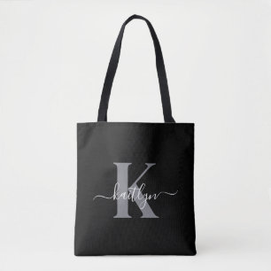 Tote Bag Monogramme moderne gris noir script