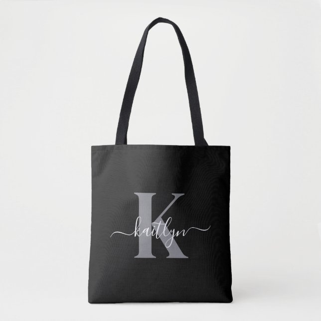 Tote Bag Monogramme moderne gris noir script (Devant)