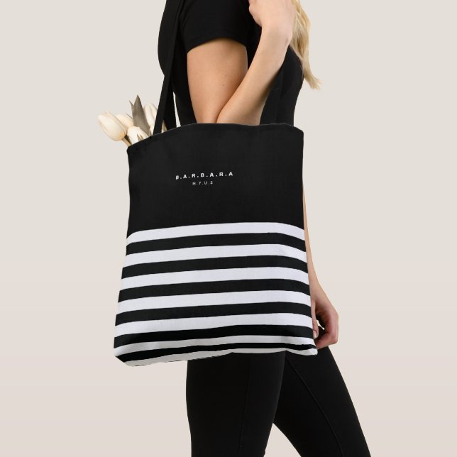 Tote Bag Monogramme moderne noir blanc rayures (De près)