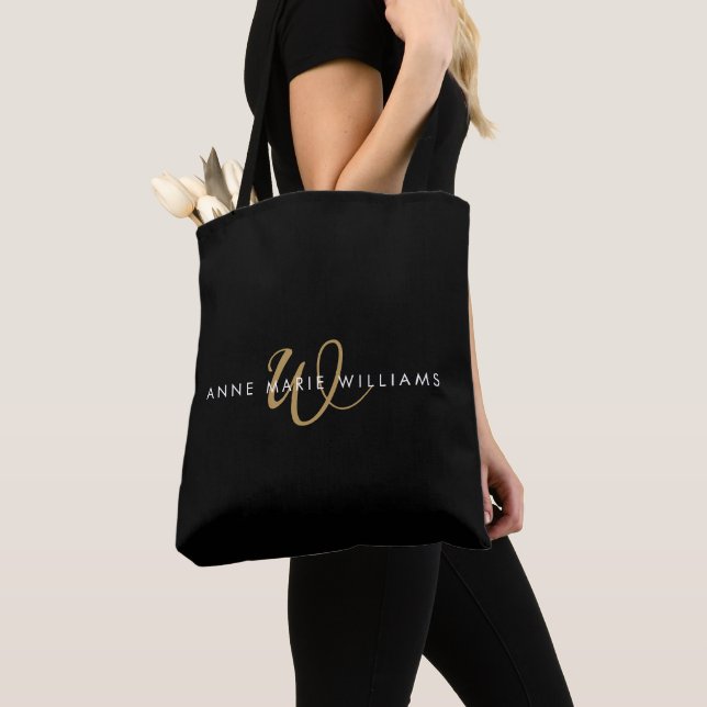 Tote Bag Monogramme Moderne Noir Or Blanc Script (De près)