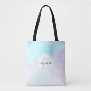 Tote Bag Monogramme moderne Pastel Blue & Purple Aquarelle