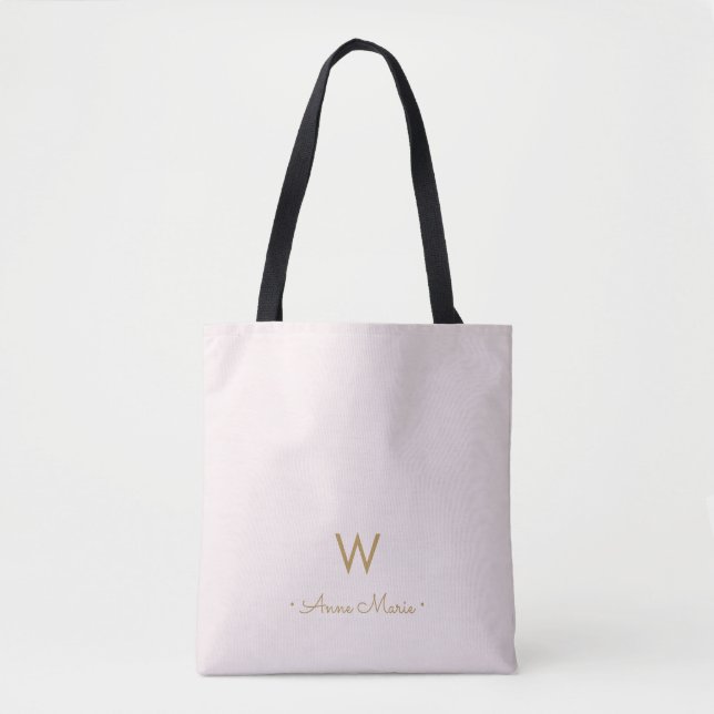Tote Bag Monogramme Moderne Rose Doré Script (Devant)