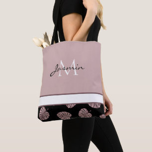 Tote Bag Monogramme Moderne Rose Pâle Feuille Tropicale