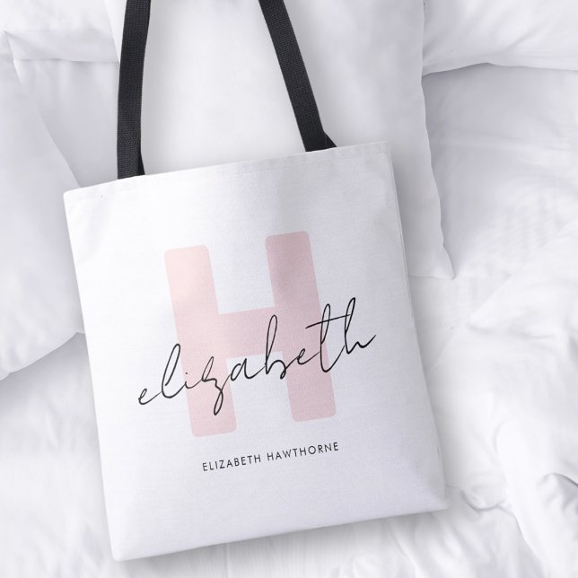 Tote Bag Monogramme moderne Script Girl Blush rose initial (Créateur téléchargé)