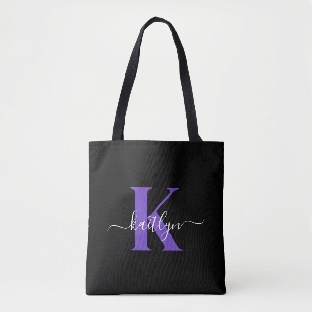 Tote Bag Monogramme Moderne Violet Noir Script (Devant)