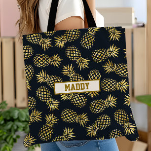 Tote Bag Monogramme motif ananas or bleu marine