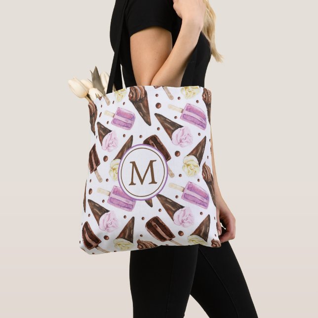 Tote Bag Monogramme Motif de cône de crème glacée mignonne (De près)