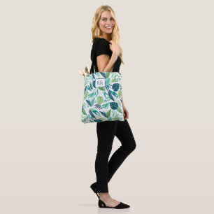 Tote Bag Monogramme Motif de feuilles vertes et blanches