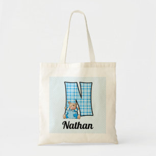 Tote Bag Monogramme N du garçon avec un ours en peluche ble